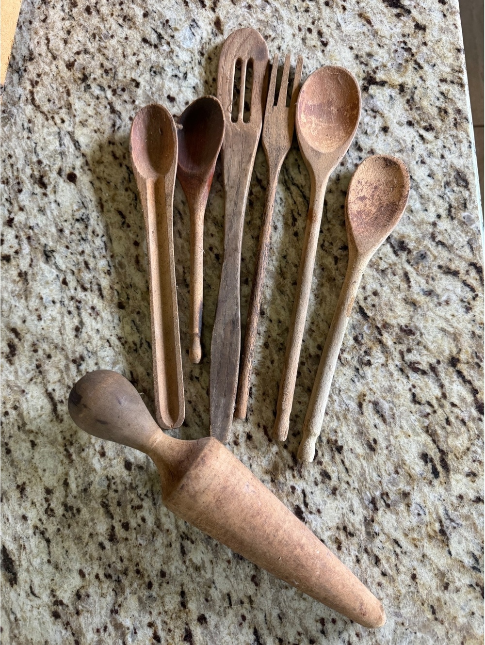 Lot of old wooden kitchen utensils primitive spoon forks etc